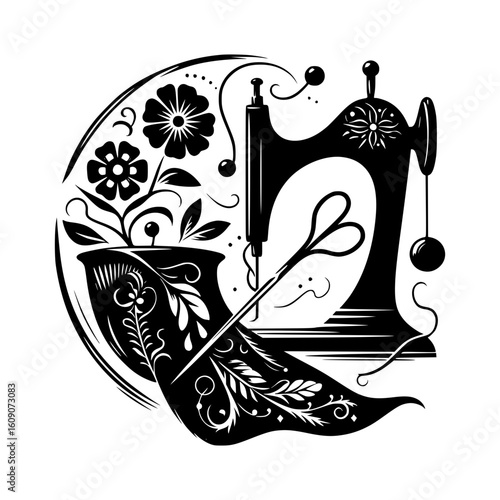Vintage sewing machine with flowers and fabric illustration