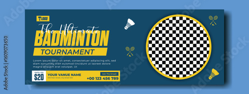 Badminton Tournament Advertisement with Shuttlecock and Racquets on Blue Background