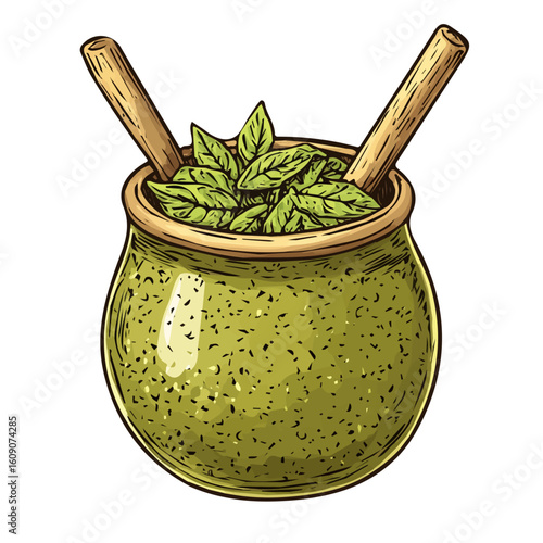 Minimal Hand-drawn painting of Yerba Mate in a bottle. Trendy abstract minimal style. Natural fresh. Vector illustration isolated on white background, vector illustration, Eps format