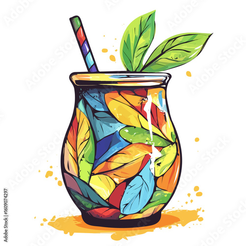 Minimal Hand-drawn painting of colorful Yerba Mate in a bottle. Trendy abstract minimal style. Natural fresh. Vector illustration isolated on white background, vector illustration, Eps format