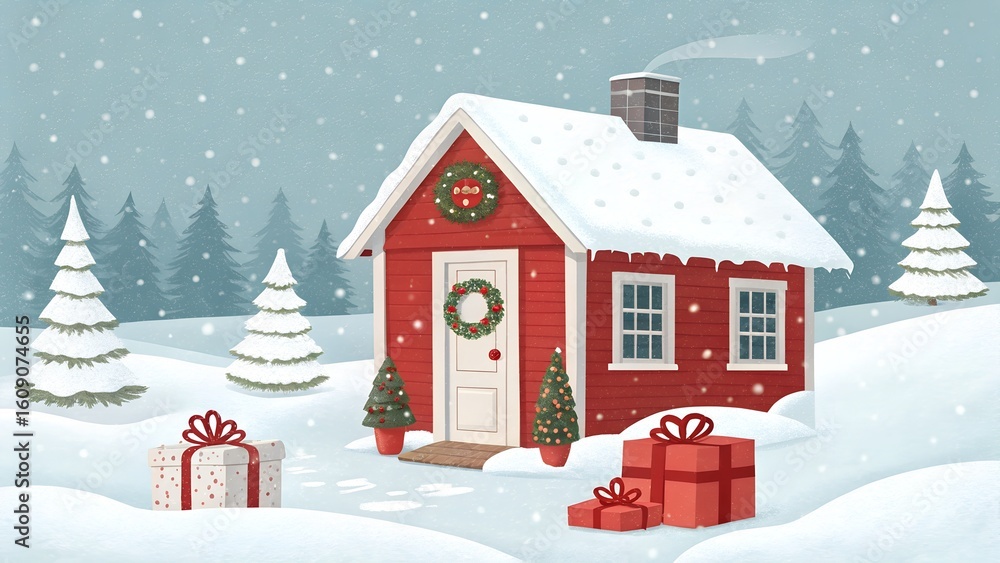 Fototapeta premium Cozy Red Christmas Cottage in Snowy Winter Wonderland with Presents