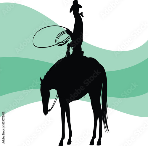 Silhouette of a cowboy on horseback with a lasso against a green and white background design