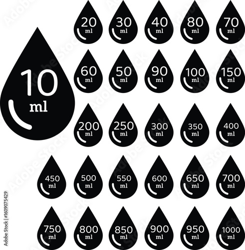 set of black liquid volume measurement icons in milliliters from 10 ml to 1000 ml in drop shape design

