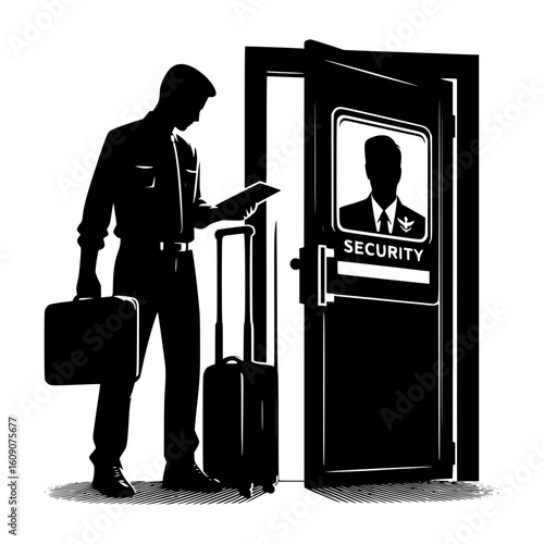 Man with suitcase and briefcase passes through security checkpoint at open door