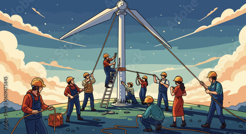 Wind Turbine Construction Crew: Collaborative Effort Under a Cloudy Sky