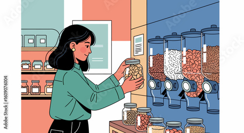 Woman filling a glass jar with cashews from a bulk dispenser at a zero-waste store.