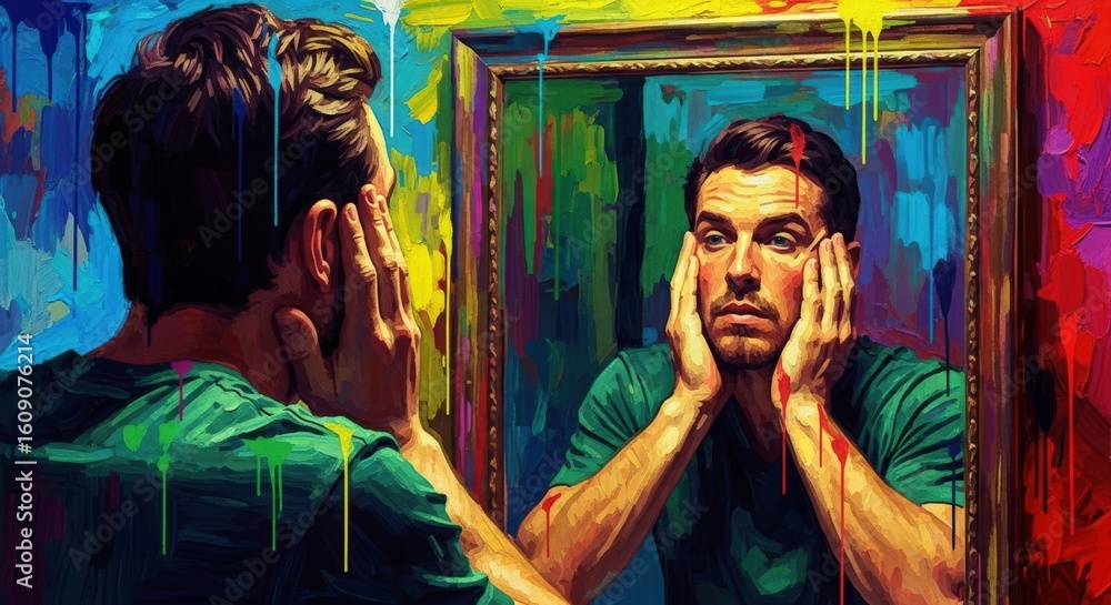 Fototapeta premium Caucasian man looking at his reflection in a mirror featuring an expressive, colorful oil painting with brushstrokes.