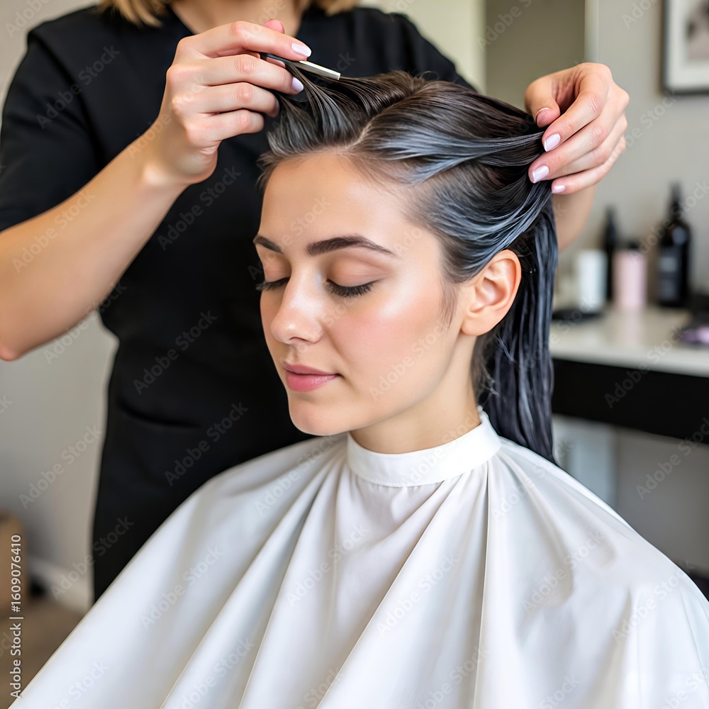 Fototapeta premium Woman Receiving Hair Treatment at Salon Hair Color 