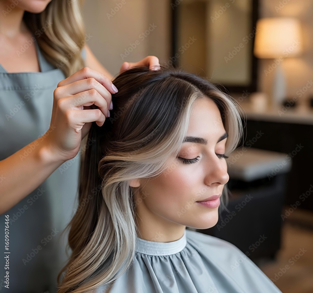 Fototapeta premium Woman Receiving Hair Treatment at Salon Hair Color Balayage Ash Brown
