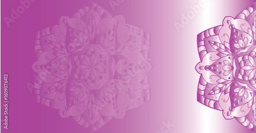 Abstract purple background featuring a faded mandala pattern and a prominent mandala design on the right side.