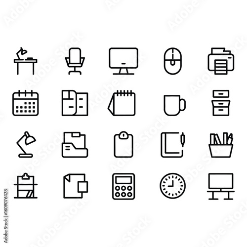 Office and workspace related icons on white background