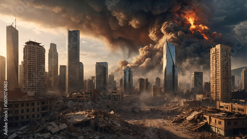 A dramatic post-apocalyptic urban scene featuring a devastated city engulfed in fire and thick smoke. Collapsed skyscrapers, rubble, and a dark, ominous sky convey the aftermath of a catastrophic even