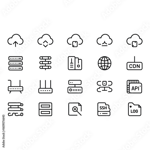 Set of cloud computing and network vector icons isolated on white