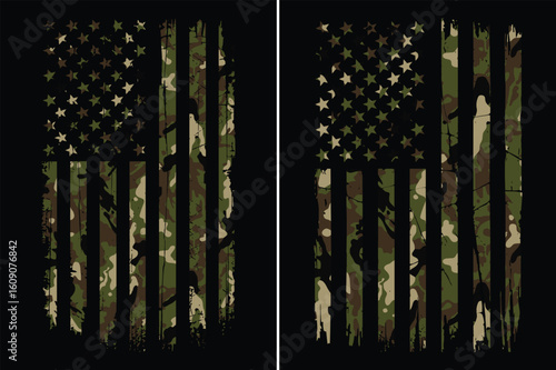 Digital illustration of an American flag with a camouflage design