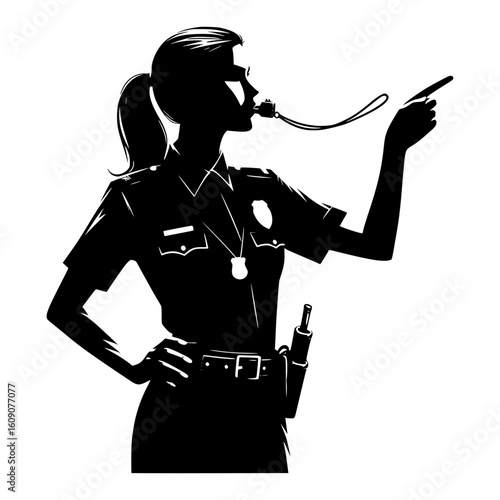 Silhouette of a female police officer blowing a whistle and pointing