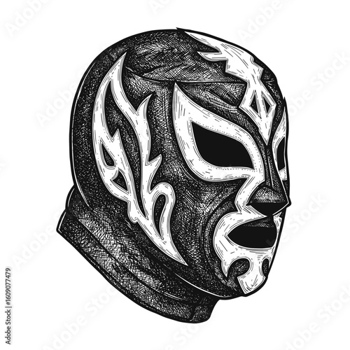 Lucha Libre Mask – Symbol of Strength and Mexican Wrestling Heritage, Vintage Ink Sketch Hand-Drawn Black and White Doodle Vector Illustration, Engraving Style

