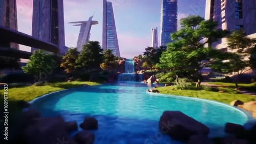 Futuristic Cityscape: Serene Waterfalls and Modern Architecture in a Green Oasis