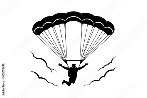 Silhouette of a skydiver with parachute against white background and cloud like shapes surrounding the figure