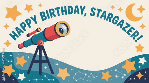 Happy Birthday Stargazer Illustration with Telescope Stars and Moon Graphic Design for Celebrations and Astronomical Themes