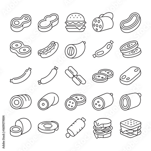 Vector art of a collection of meat and food icons, featuring steaks, burgers, sausages, and sandwiches