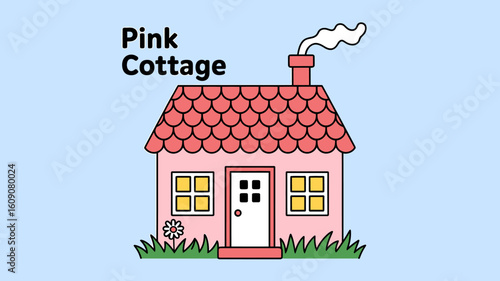 Charming Pink Cottage Illustration with Smoke Coming from the Chimney and surrounded by Greenery Against a Light Blue Sky Background