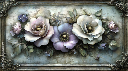 Elegant pastel roses 3 d floral bouquet in ornate frame