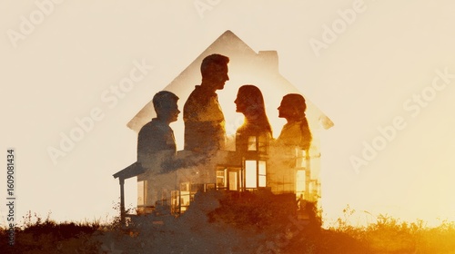 Double exposure of a family silhouette within a house outline at sunset