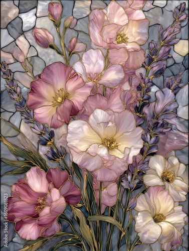 Digital painting of pink and purple flowers in stained glass window style.