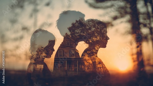 Double exposure of three silhouetted figures with a landscape and building