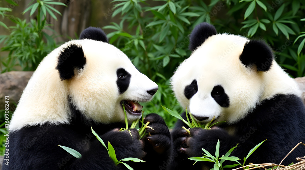 Obraz premium Panda Pair: Two adorable giant pandas share a delightful meal of bamboo shoots, showcasing their playful and endearing personalities amidst a backdrop of lush greenery.