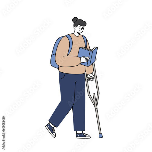 Student on crutches reading a book, feeling curious, walking with a backpack in a casual setting
 