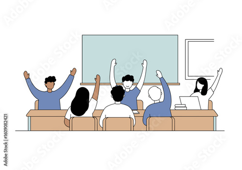 Classroom with diverse students raising their hands, feeling eager to participate and engage  