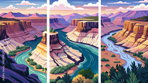 Vector banner set of Grand Canyon at sunset with winding river, vibrant sky, dramatic sunburst, red rock cliffs, vast desert, and majestic natural scenery