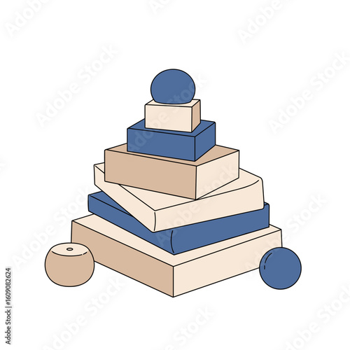 Stack of educational tabletop games and toys in pastel colors, copy space
