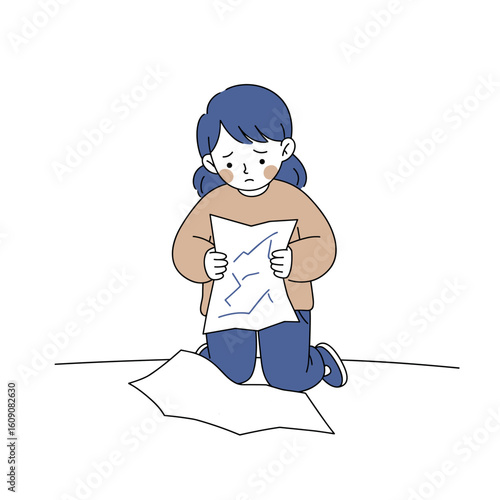 Girl sitting on floor holding crumpled paper with sadness  