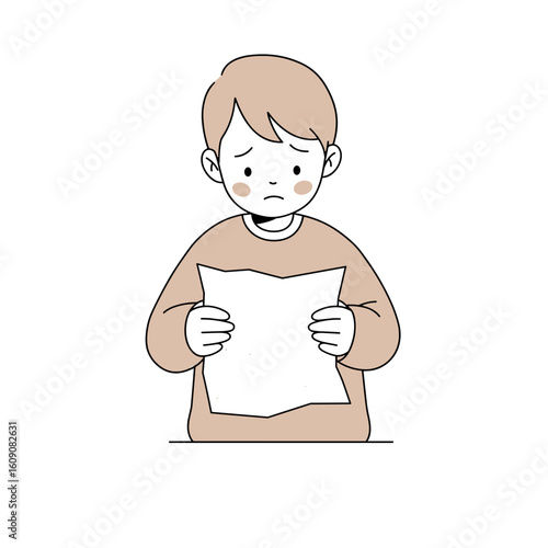 A child holds a crumpled drawing in his hands