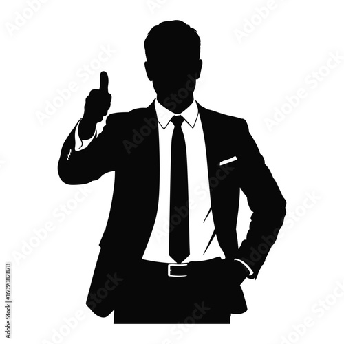 Silhouette of a businessman in a suit pointing upwards with his index finger