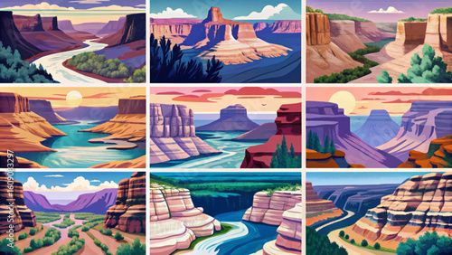 Vector banner set of Grand Canyon at sunset with winding river, vibrant sky, dramatic sunburst, red rock cliffs, vast desert, and majestic natural scenery