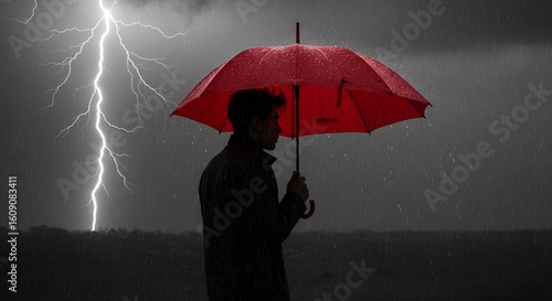A man stands with a red umbrella during a thunderstorm, with a lightning bolt striking in the background, dramatic scene. AI Generated