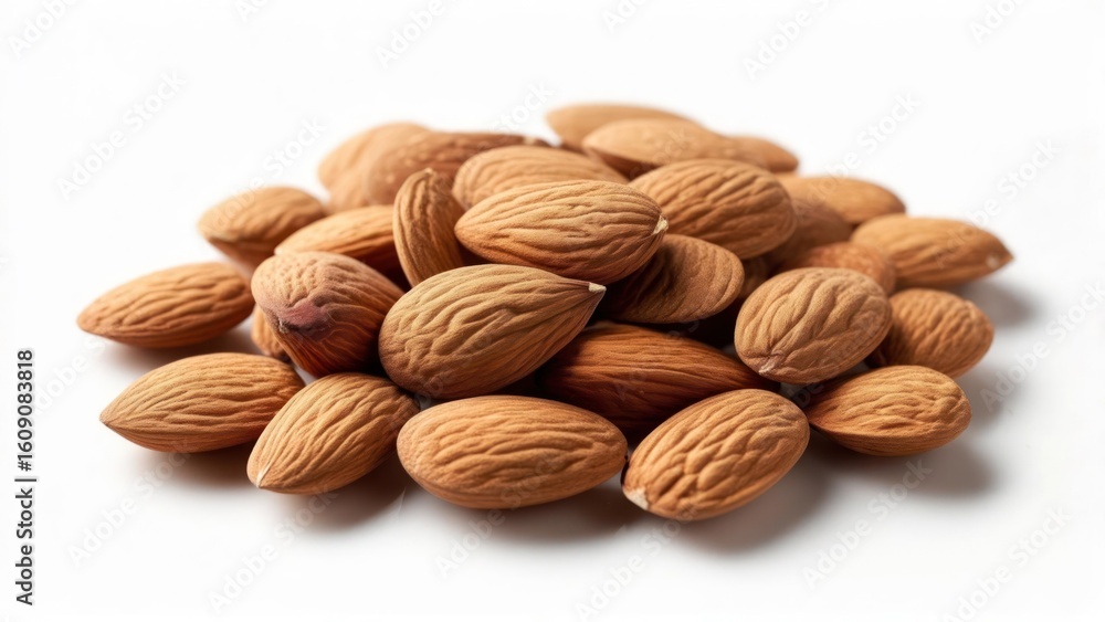 A small pile of light brown almonds sits on a white background A small pile of light brown almonds sits on a white background