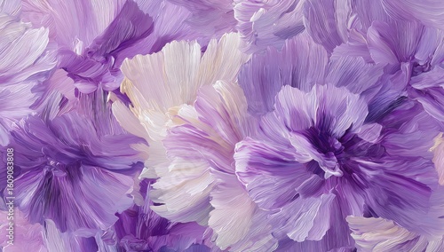 Close-up view of many textured, painted flowers in shades of purple and light pink