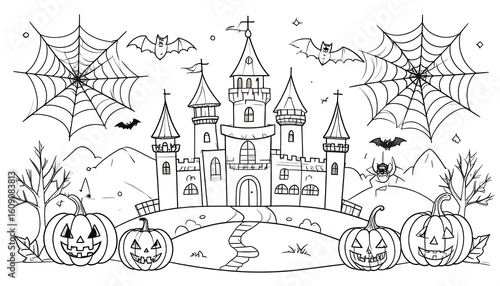 Black and white Halloween castle coloring page.  Spooky castle with spider webs, bats, and jack-o'-lanterns.  Simple line art for coloring