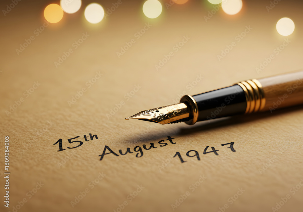 Fototapeta premium Independence day india photo of a vintage fountain pen rests on textured paper, poised to write the significant date of 15th august 1947, evoking a sense of historical importance and national pride