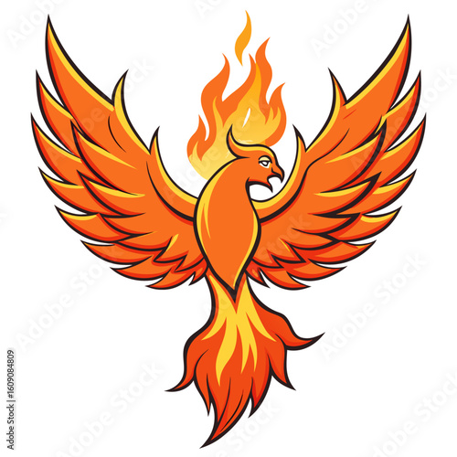 Powerful phoenix firebird vector mascot in a symmetrical emblem style.