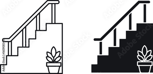 Staircase with plant icon line art solid fill