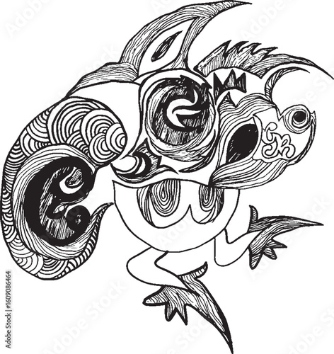 Vintage black tribal tattoo vector design with a swirl pattern, featuring a dragon and fish silhouette, a floral ornament, and a nature-inspired element