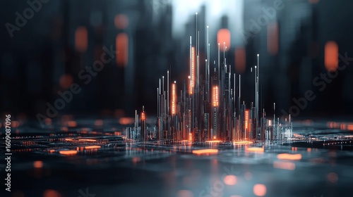 Data visualization event in a futuristic cityscape 3d render urban environment digital concept