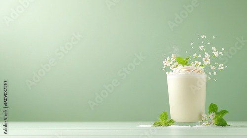 Refreshing mint and floral yogurt drink kitchen counter food photography minimalist environment close-up view healthy concept