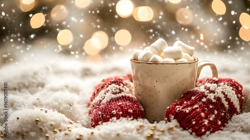 A cozy winter scene with hot cocoa, marshmallows, and knitted mittens against a backdrop of white snow and golden bokeh