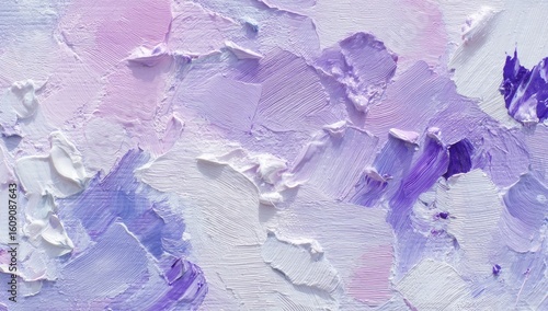 Abstract painting with textured, impasto style in muted lavenders, pinks, and whites